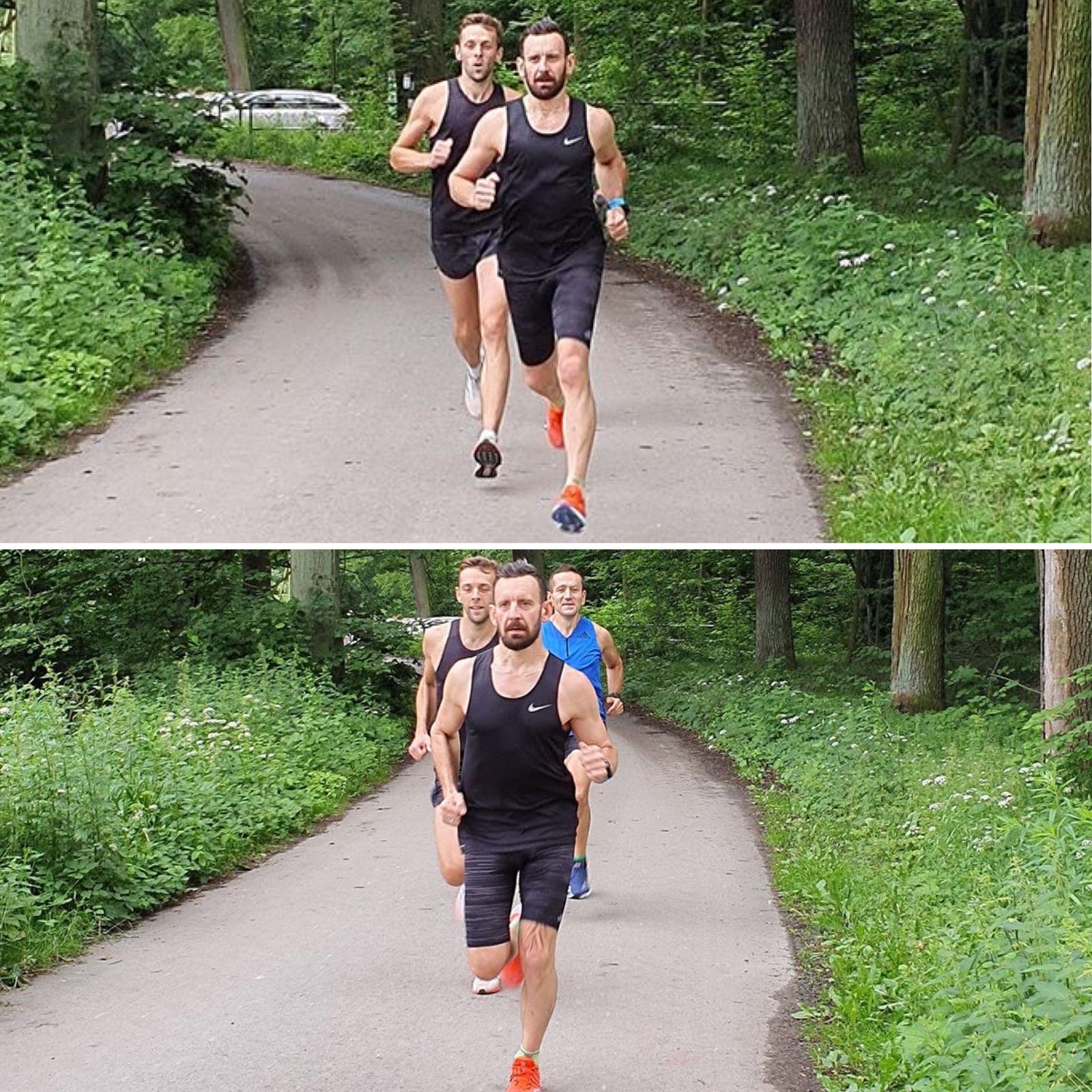 Trening biegowy w grupie na leśnej ścieżce