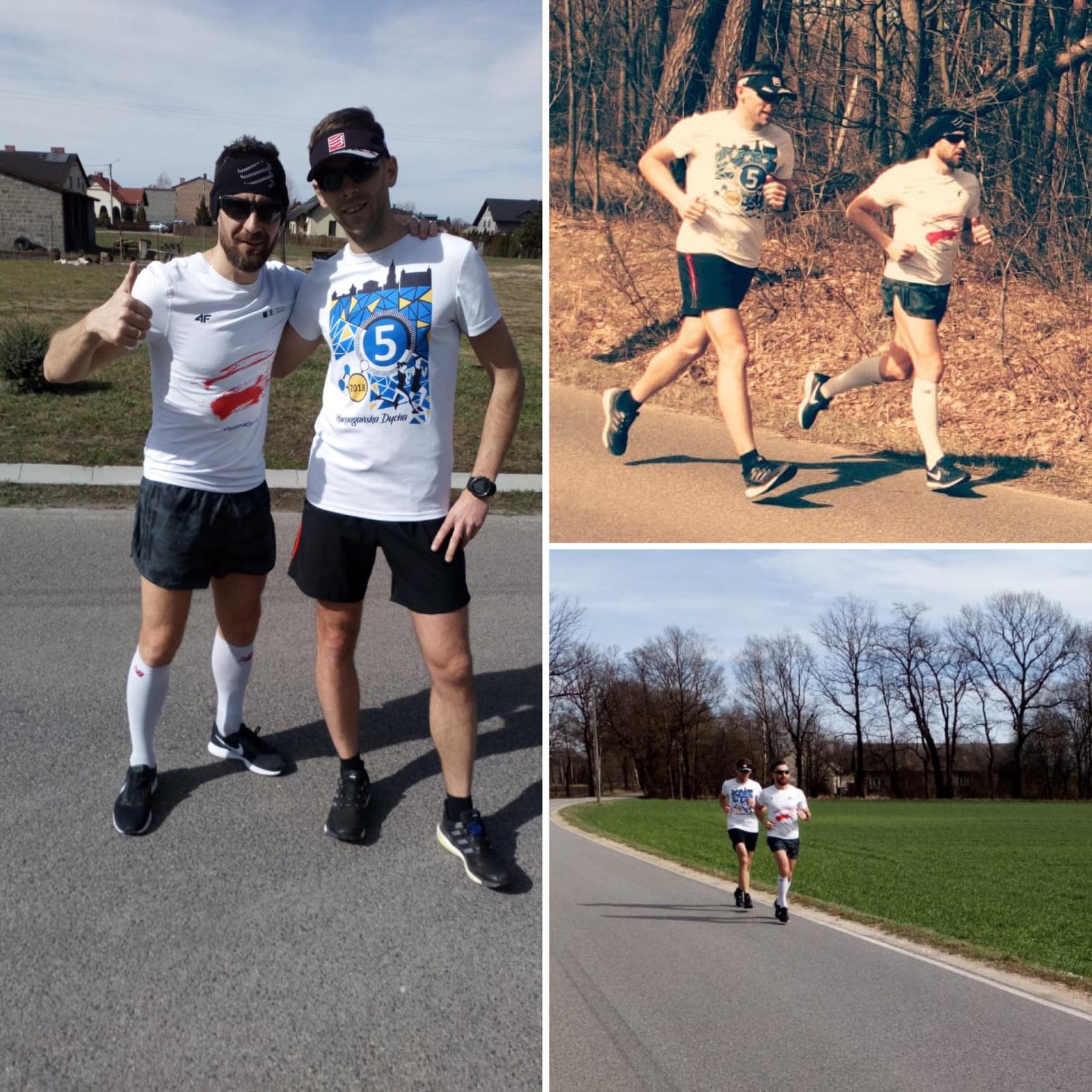 Wspólny trening biegowy na drodze wśród pól